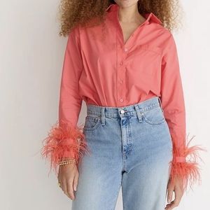 Feather-trim cotton poplin button-up shirt with collar
